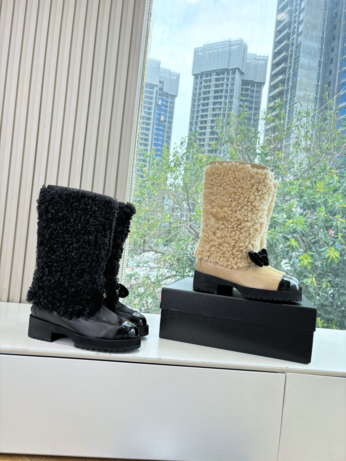 Chanel High Boots Shearling Lambskin Calfskin Lambskin Patent Calfskin Beige Black #334245
