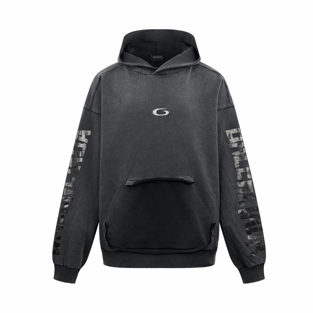 Balenciaga Men's Transparent Tape Ripped Pocket Hoodie in Faded Black #336331