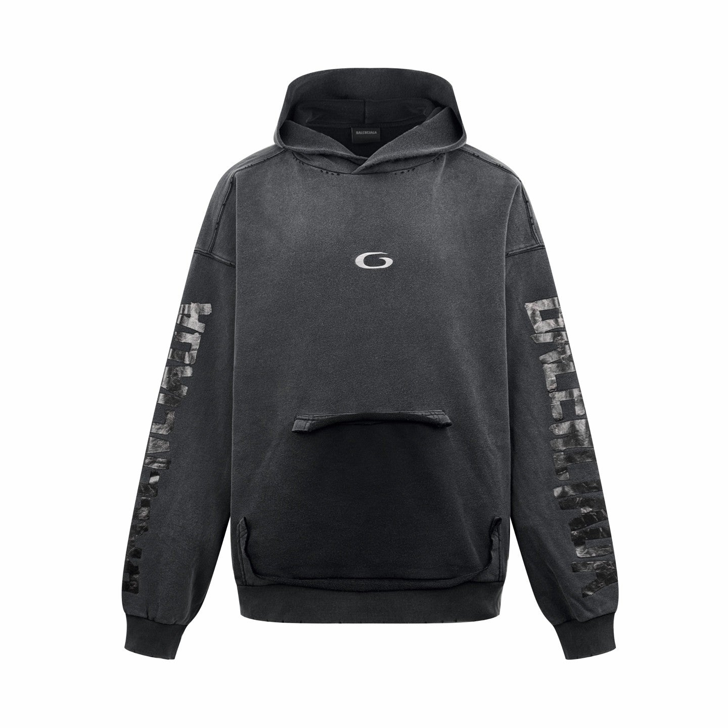 Balenciaga Men's Transparent Tape Ripped Pocket Hoodie in Faded Black #336331