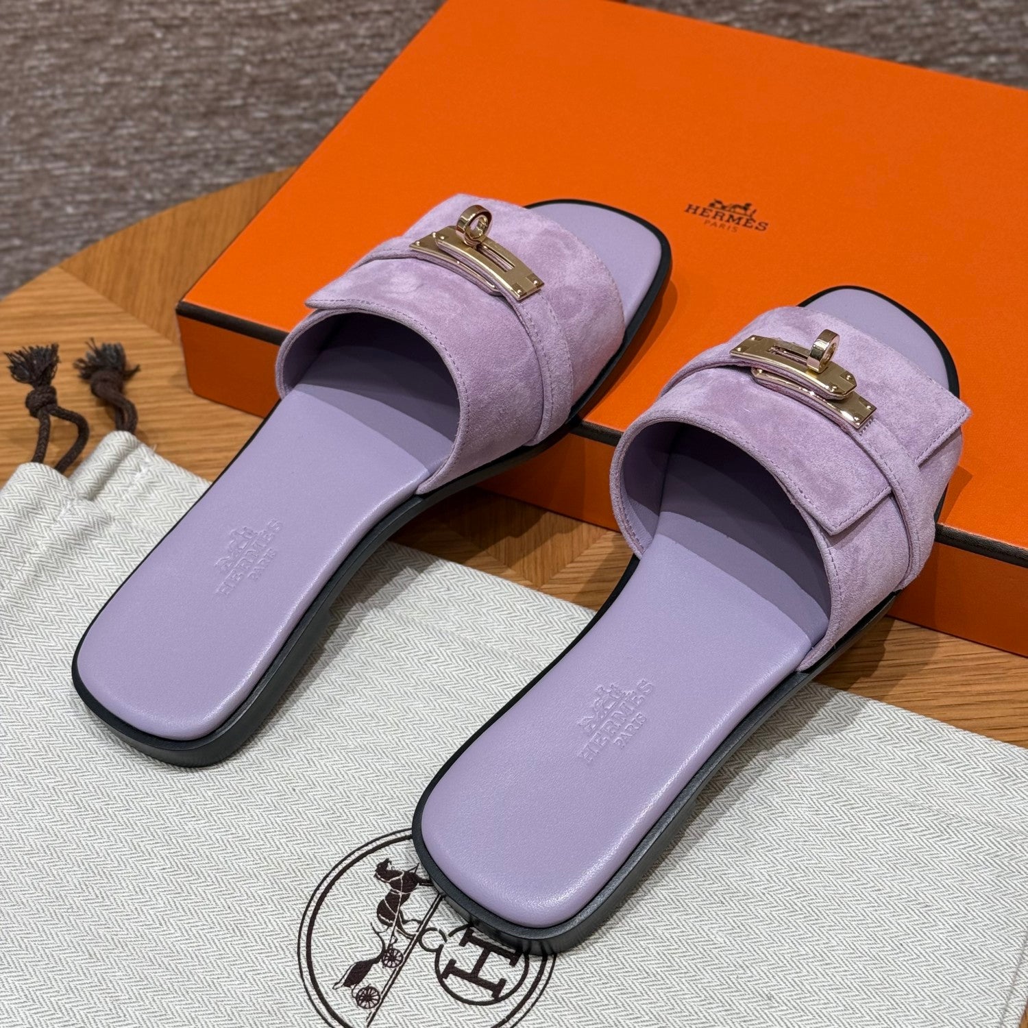 Hermes Giulia Women's Summer Solid Color Metal Buckle Round Toe Suede Leather Sandals Slippers Shoes #77667