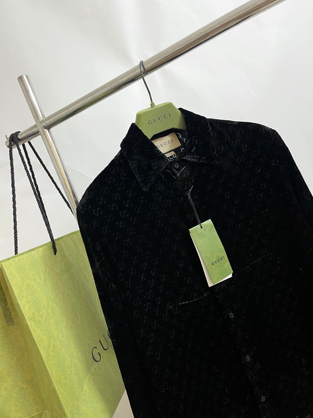 Gucci Men's Spring And Fall Black Logo Pattern Printed Velvet Single breasted Long Sleeved Shirt #72673
