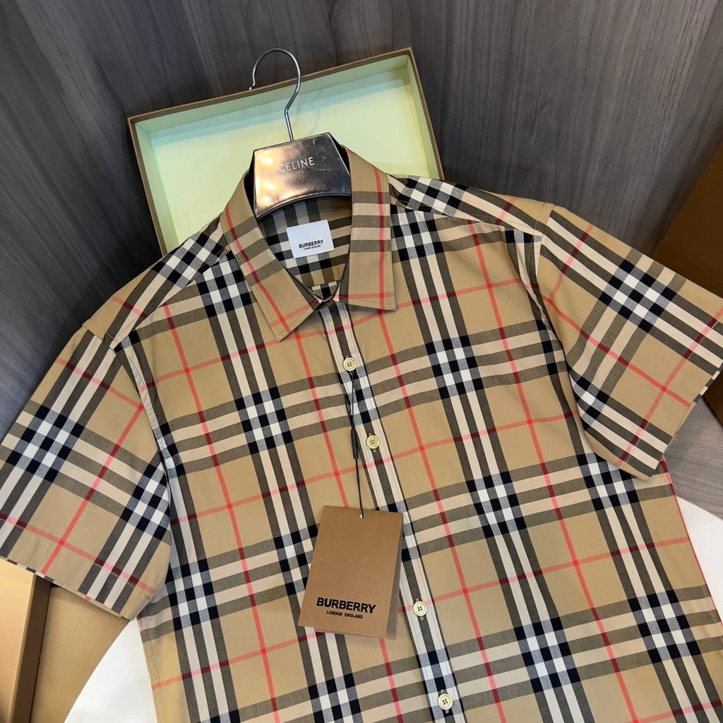 Burberry Men's Summer Checkered Print Single-Breasted Collar Short-Sleeved Shirt #77686