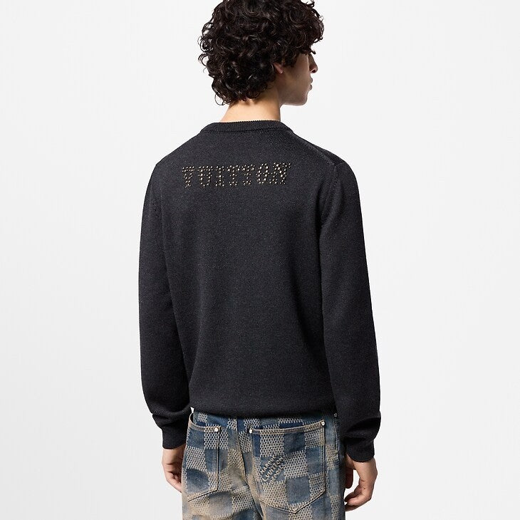 Louis Vuitton Men's Spring and Autumn Black Beaded Logo Geometric Print Round Neck Long Sleeve Sweater Pullover #72971