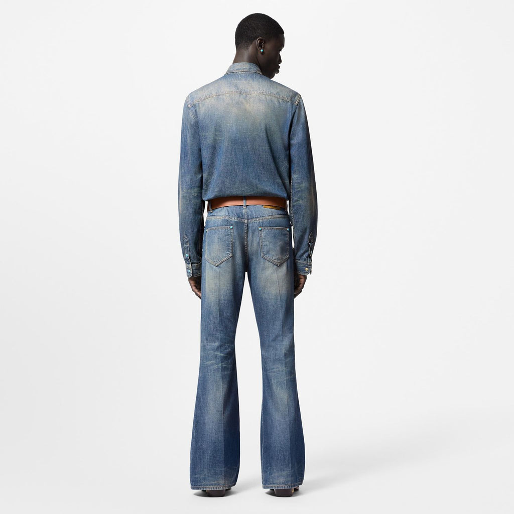 Louis Vuitton Men's Spring And Fall Cotton Logo Rivets Embellished Single-Breasted Slim Long-Sleeved Blue Denim Shirt #71621
