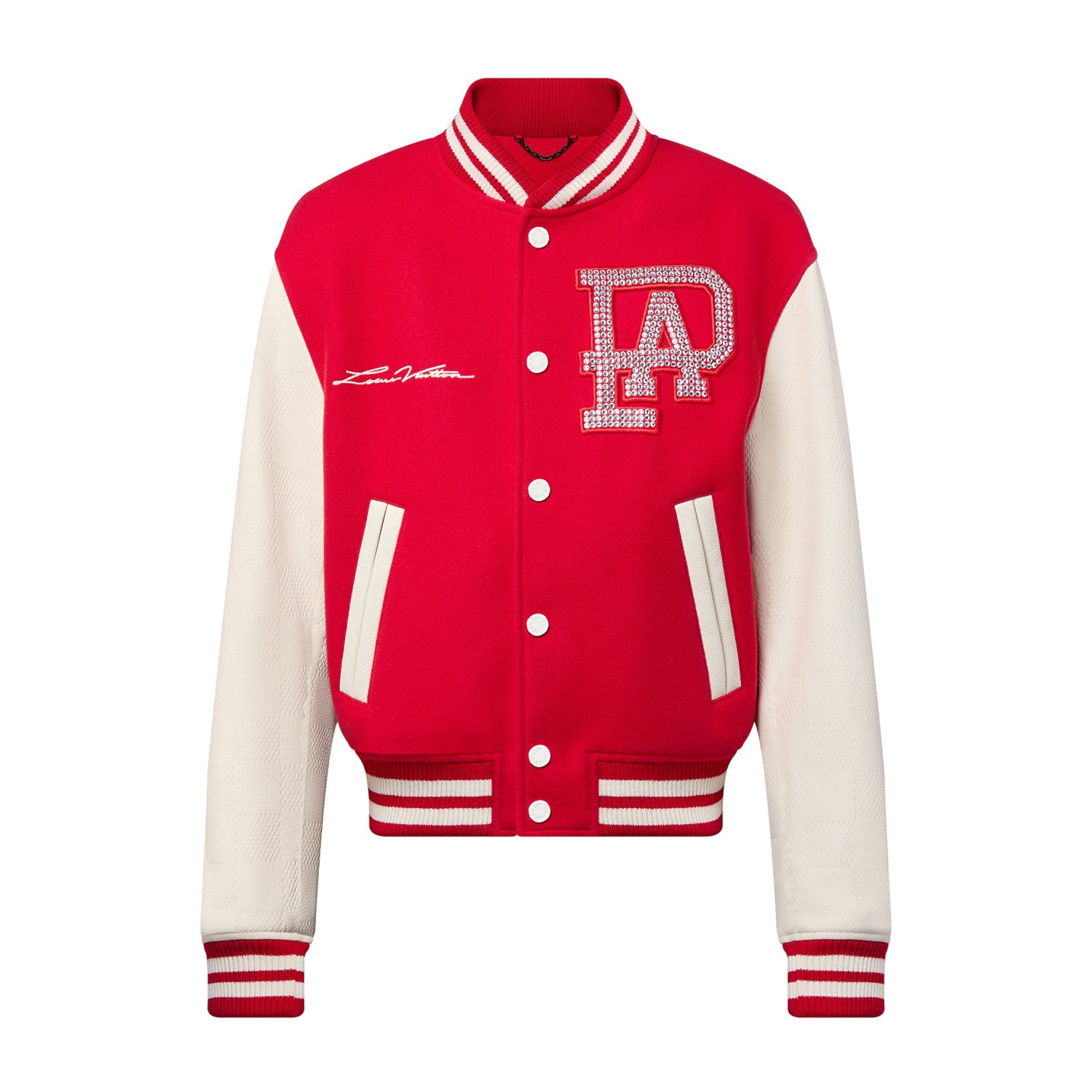 Louis Vuitton Mix Leather Varsity Blouson Men's and Women's Autumn Winter Color Blocking Embroidery Applique Cowhide Baseball Jacket #97926