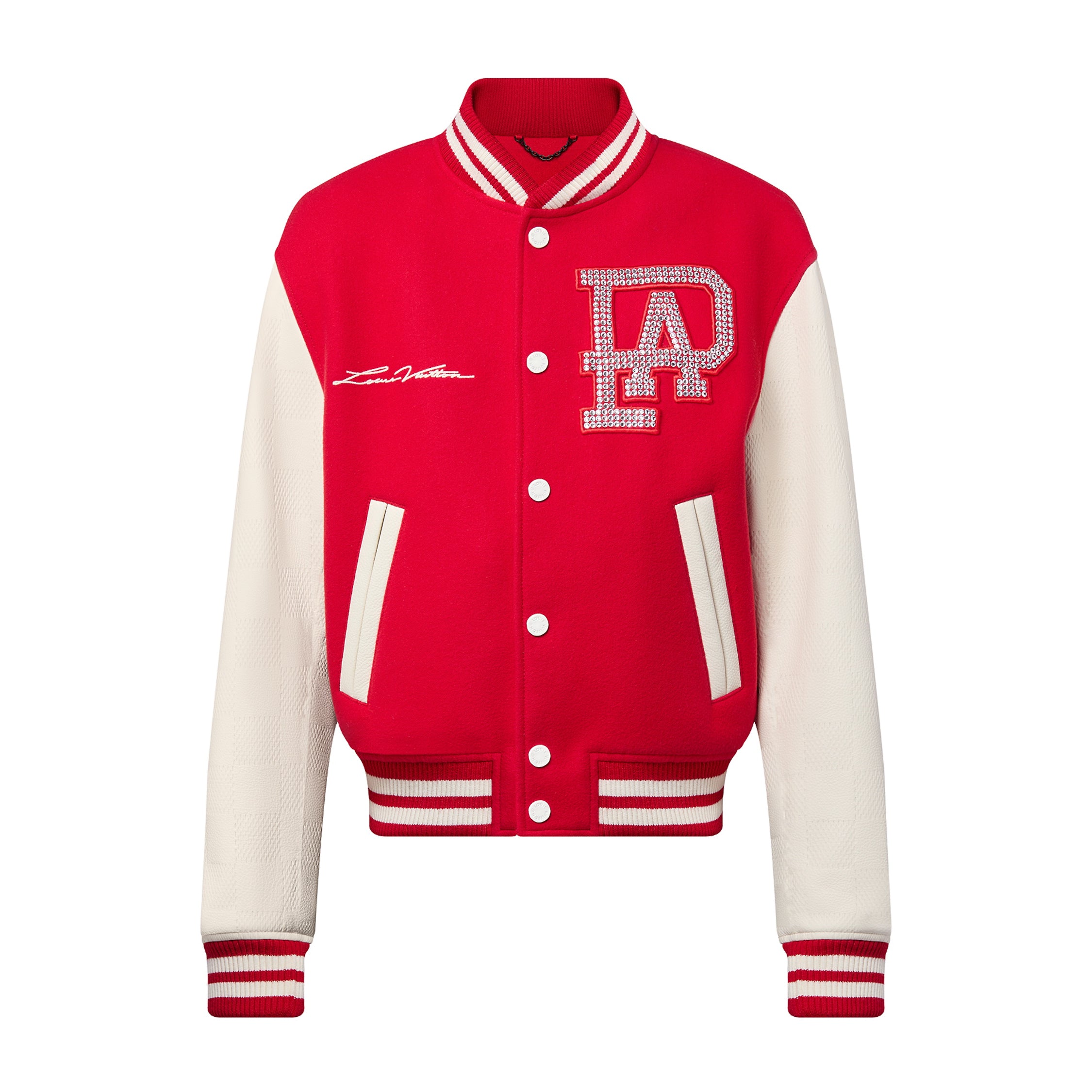 Louis Vuitton Mix Leather Varsity Blouson Men's and Women's Autumn Winter Color Blocking Embroidery Applique Cowhide Baseball Jacket #97926