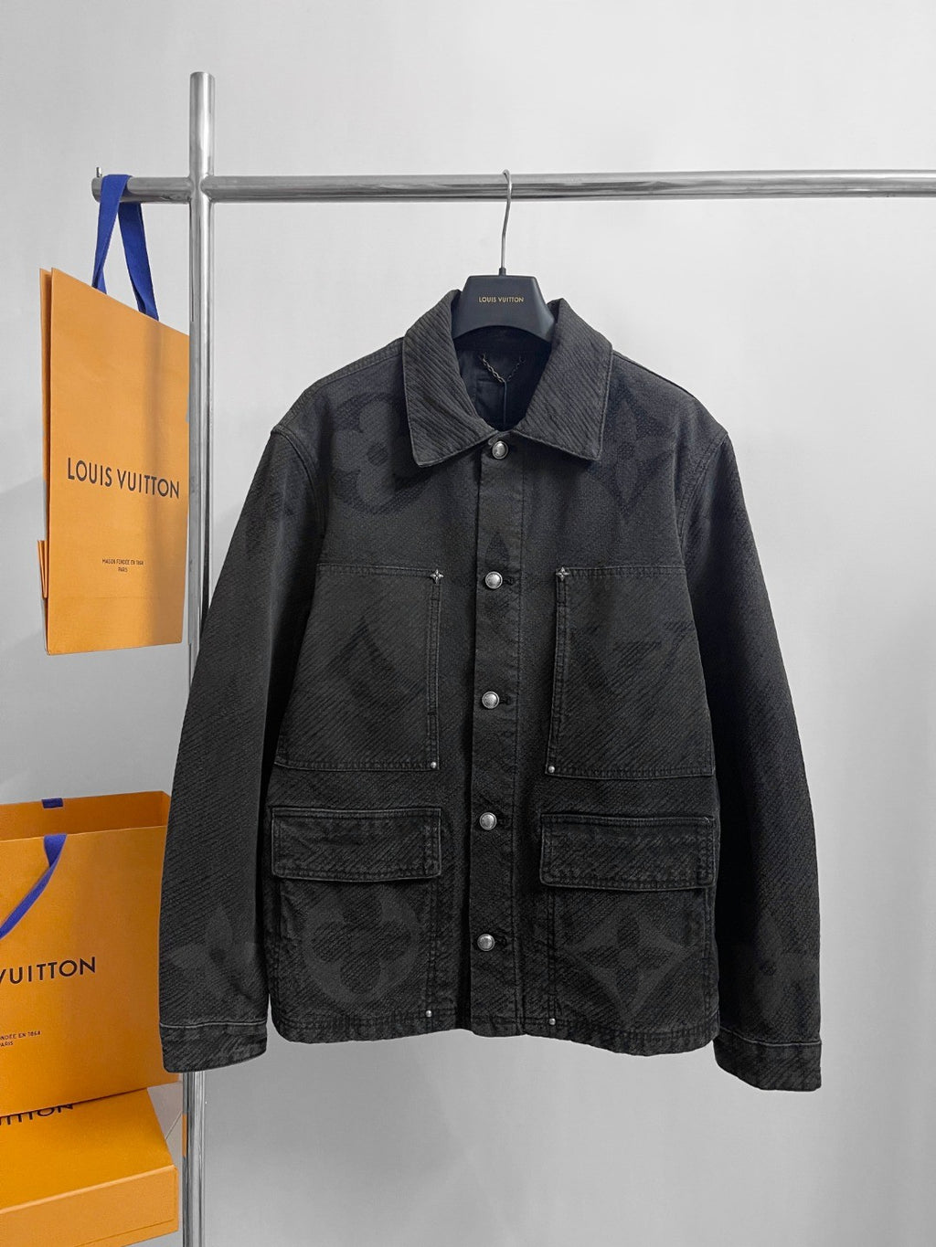 Louis Vuitton Men's Spring And Fall Black Logo Jacquard Single Breasted Long Sleeved Denim Jacket Jeans Pants Suit Set #75747