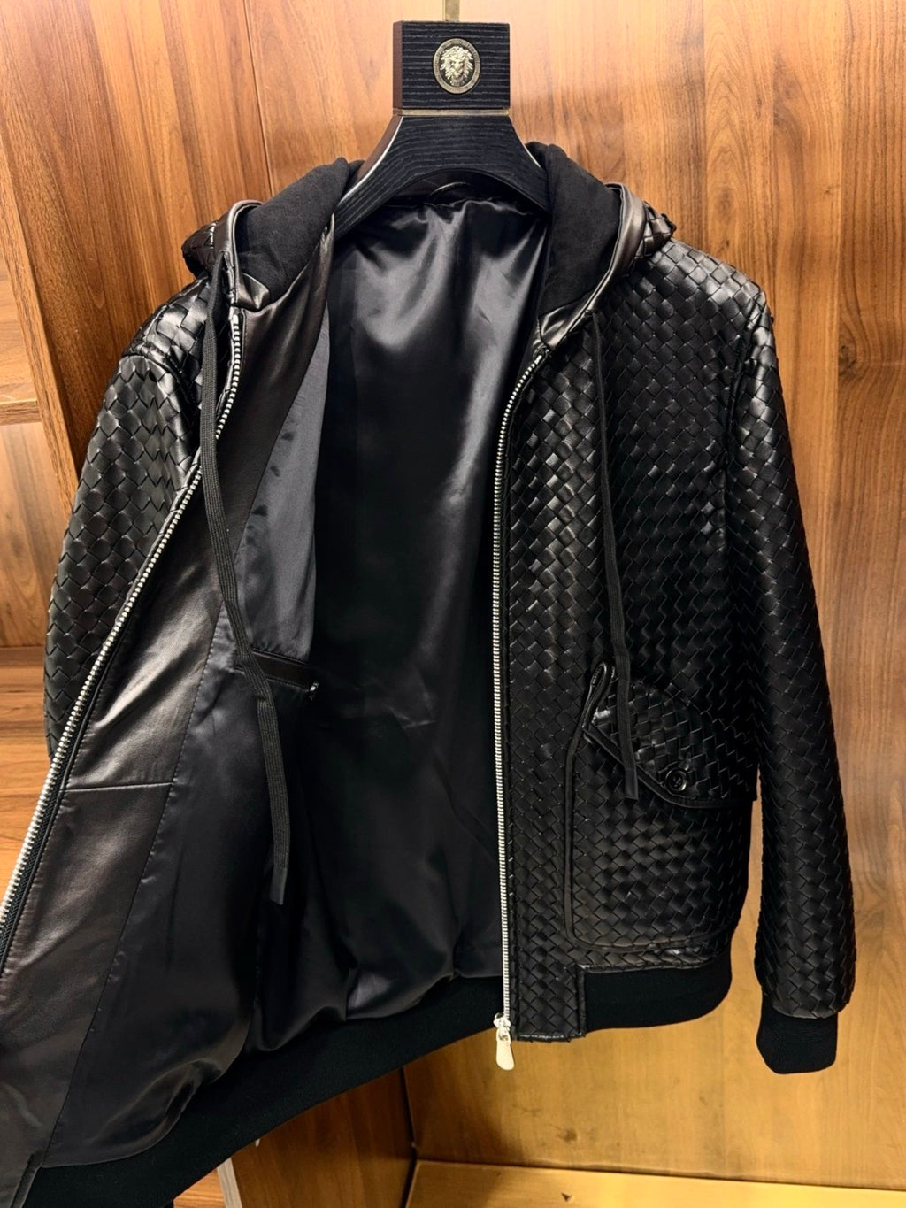 Bottega Veneta Men's And Women's Spring/Fall Fashion Casual Solid Color Hooded Zipper Shearling Hand Knitted Hooded Jacket with Large Pockets Leather Jacket Outerwear Jacket #78991