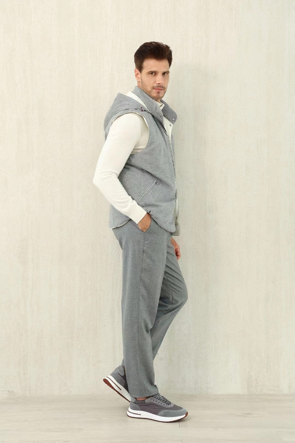 Brunello Cucinelli Men's Spring/Autumn Detachable Hooded Solid Color Single-Breasted Bonded Wool Flannel Down Vest Ngvp #2293
