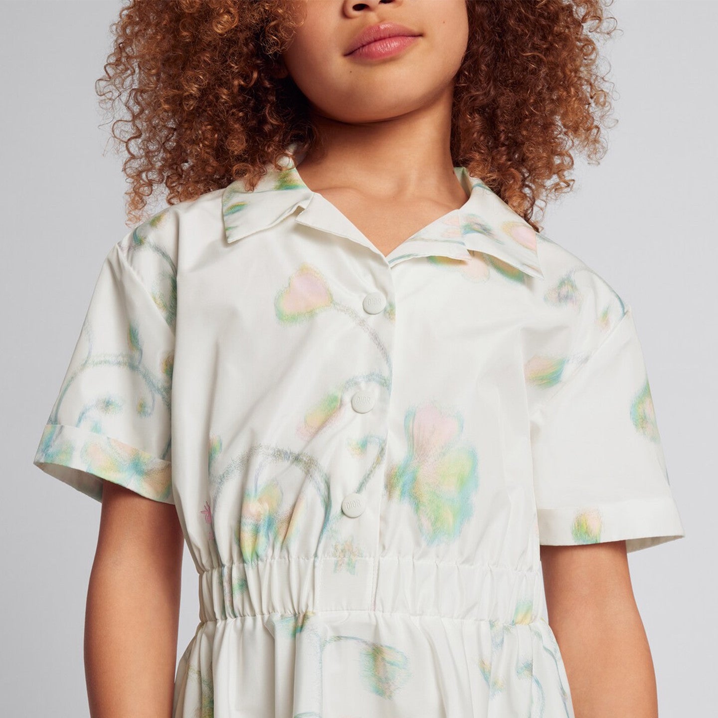 Dior Kid's Summer Floral Printed Lapel Mid-Length Fitted Short Sleeve Flared Dress #31291
