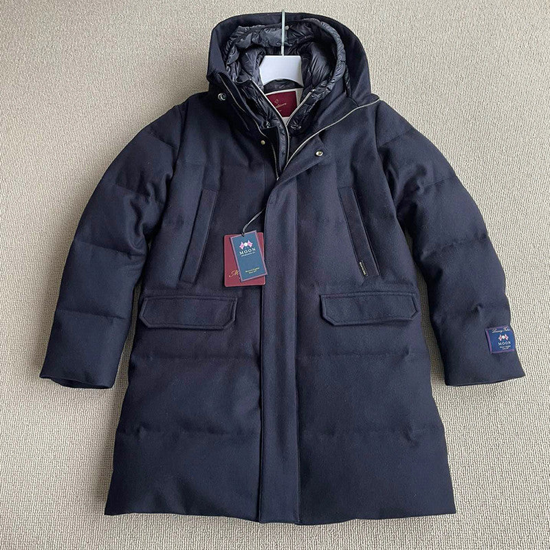 Montecore Men's Autumn And Winter Coat Casual Hooded  Zipper Stand Up Collar Wool Fabric Long Style Puffer Down Jacket Ngvp #7454
