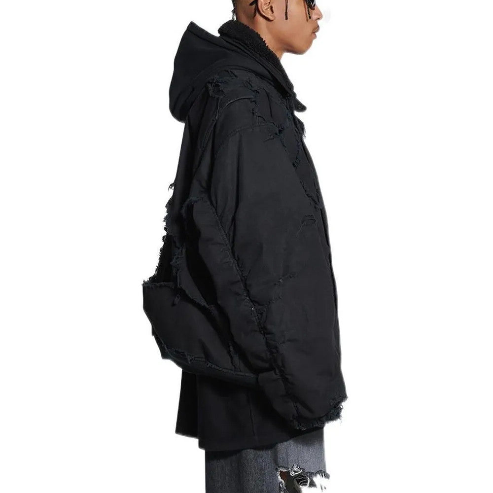 Balenciaga Men's Big Destruction Distressed Flight Suit Hooded Lamb collar zippered jacket #332593
