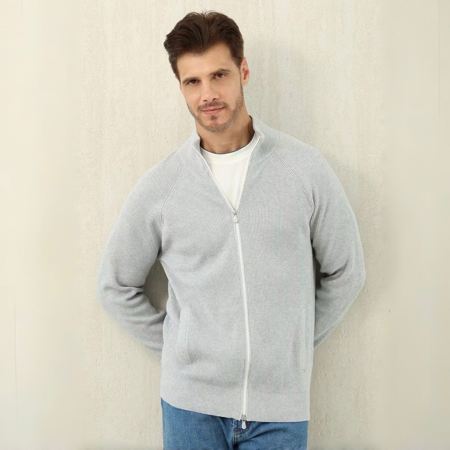 Brunello Cucinelli Men's Fall/Winter Fashion Casual Solid Color High Neck Double Zip Knit Cardigan #79221