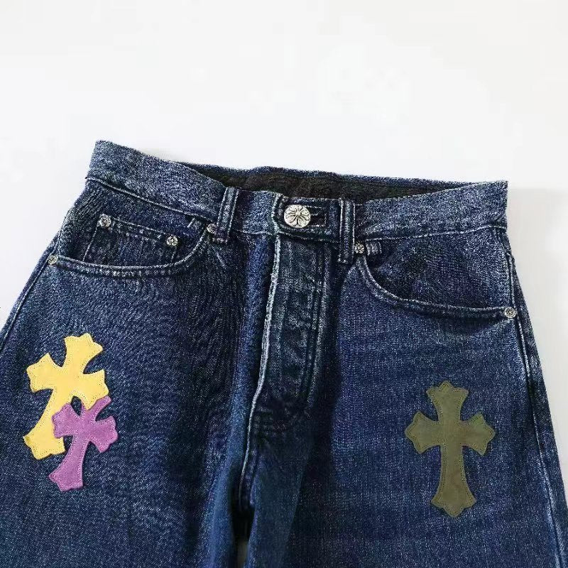 Chrome Hearts Men's and Women's Spring and Fall Cross Calfskin Labeled Blue Jeans Pants #76119