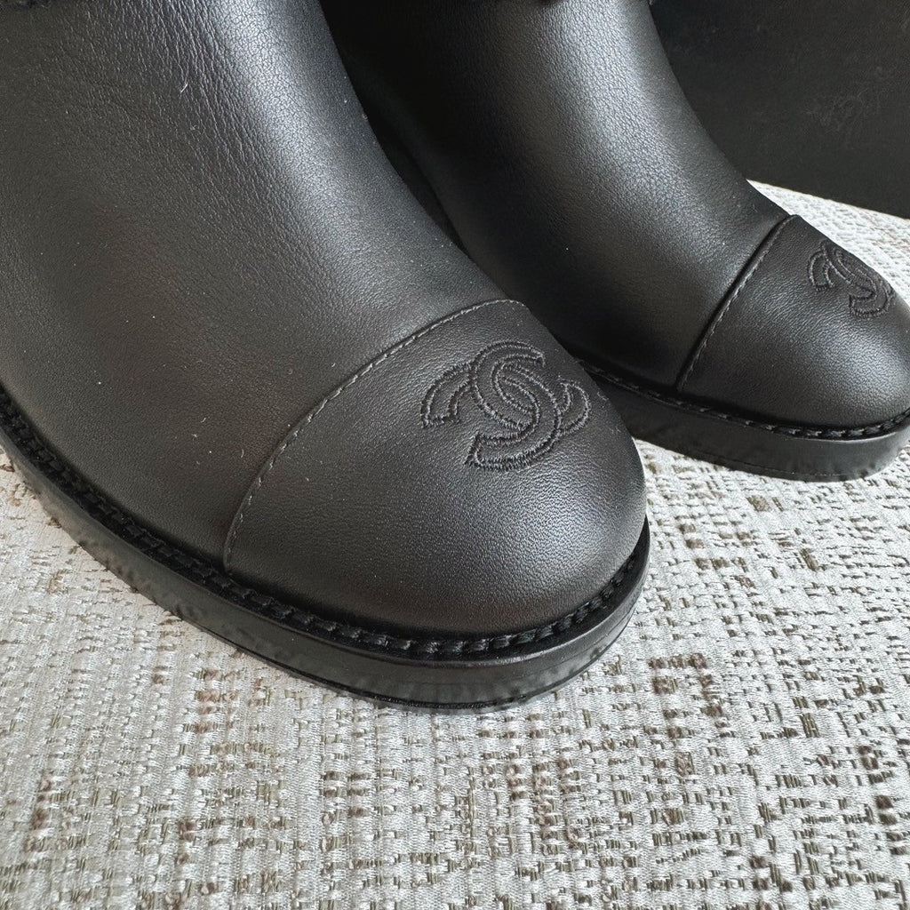 Chanel Women's Fall/winter Fashion Casual Round Toe Slip On Leather Cashmere Loop Cuff Mid Calf Boots Shoes #78536