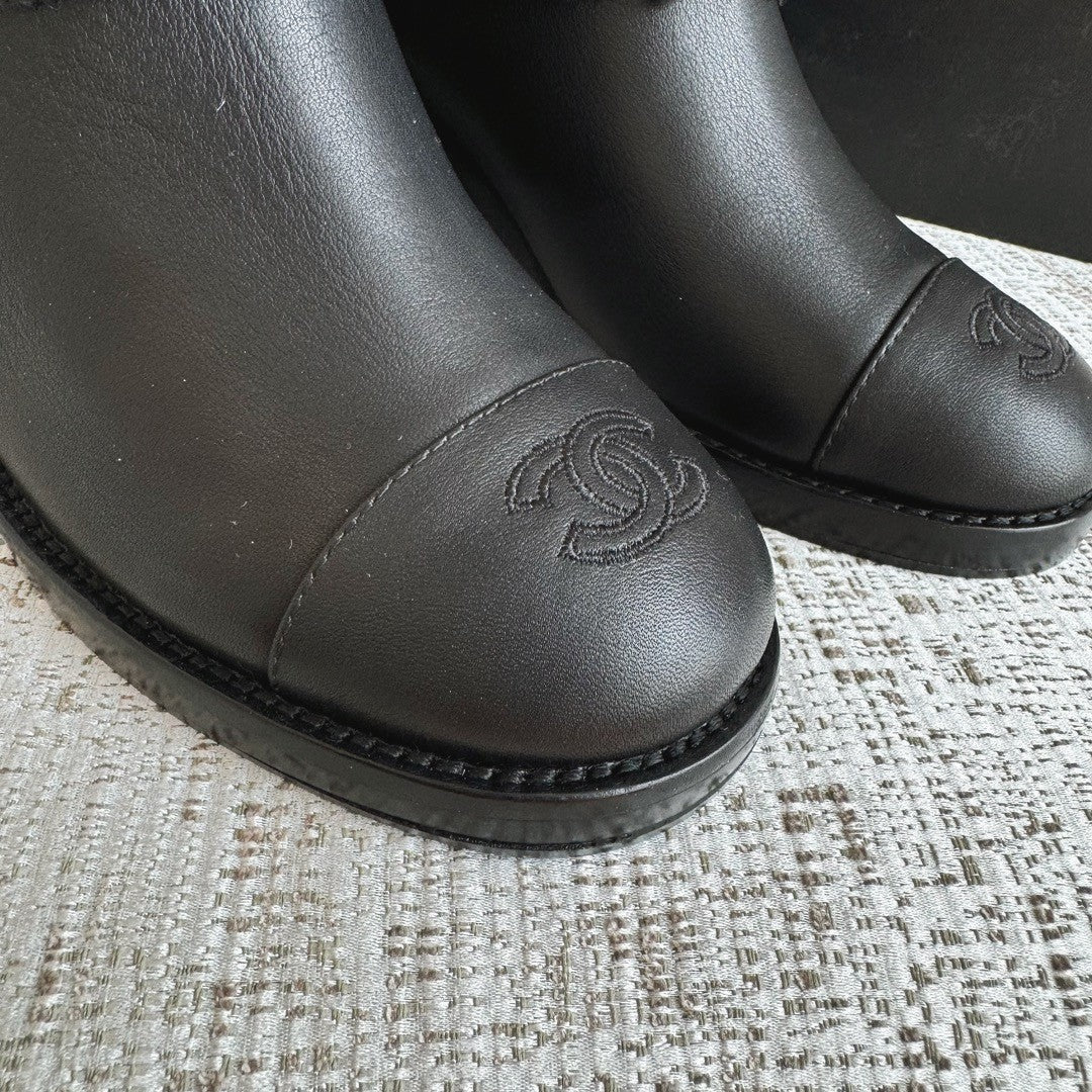 Chanel Women's Fall/winter Fashion Casual Round Toe Slip On Leather Cashmere Loop Cuff Mid Calf Boots Shoes #78536