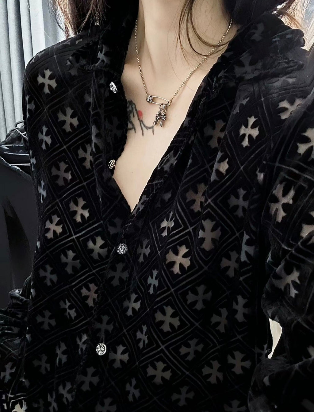 Chrome Hearts Women's Summer Fashion Hollow Cross Black Velvet Single Breasted Long Sleeved Shirt #99825