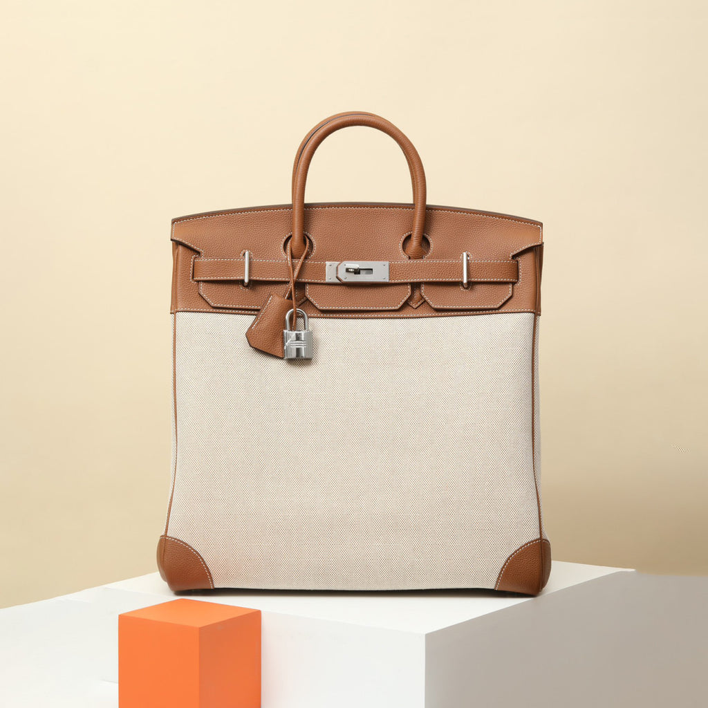 Hermes HacHaut A Courroies 40 HACG40 Women's Silver Buckle Canvas And Cowhide Colour Blocked Handbag Bag Bags #77113