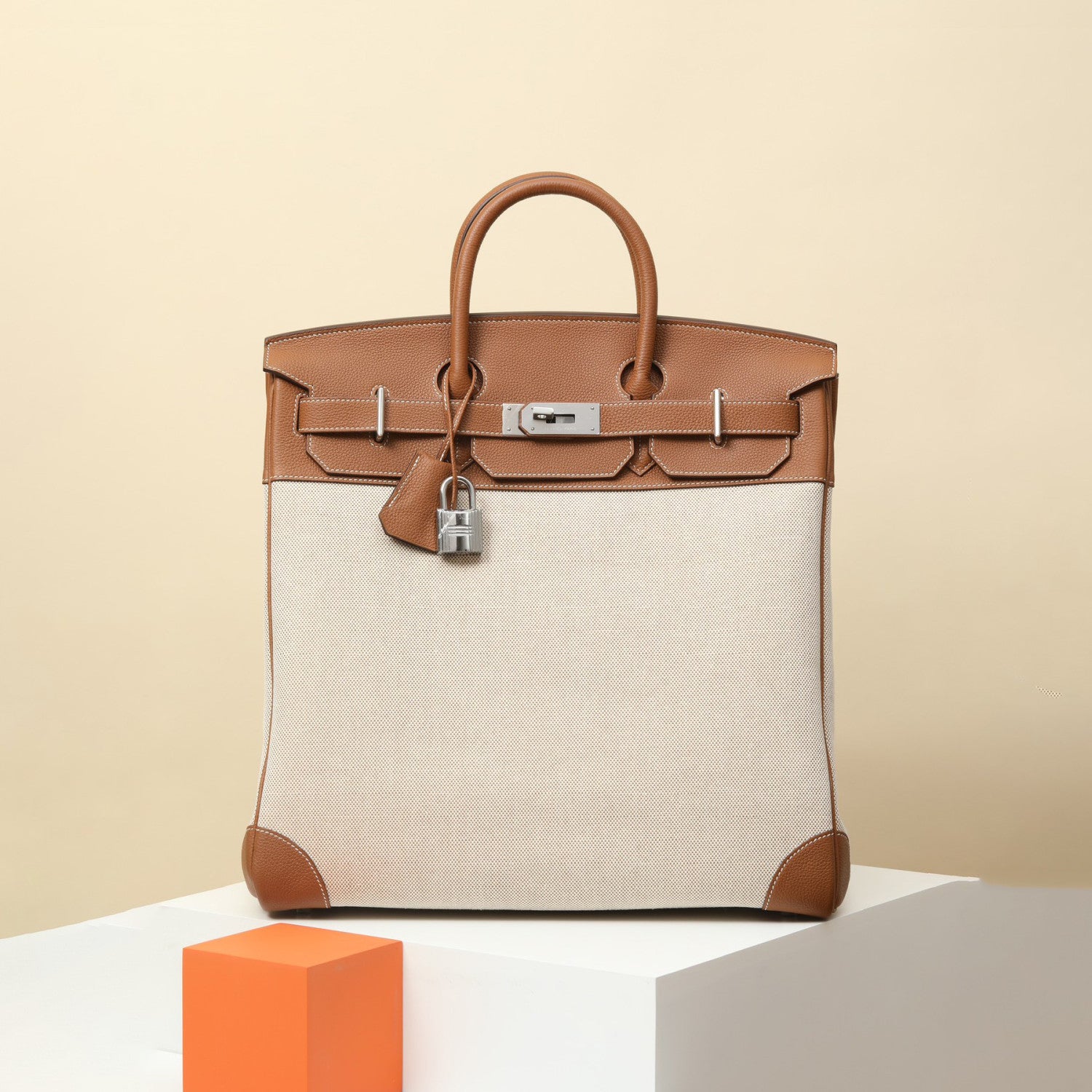 Hermes HacHaut A Courroies 40 HACG40 Women's Silver Buckle Canvas And Cowhide Colour Blocked Handbag Bag Bags #77113