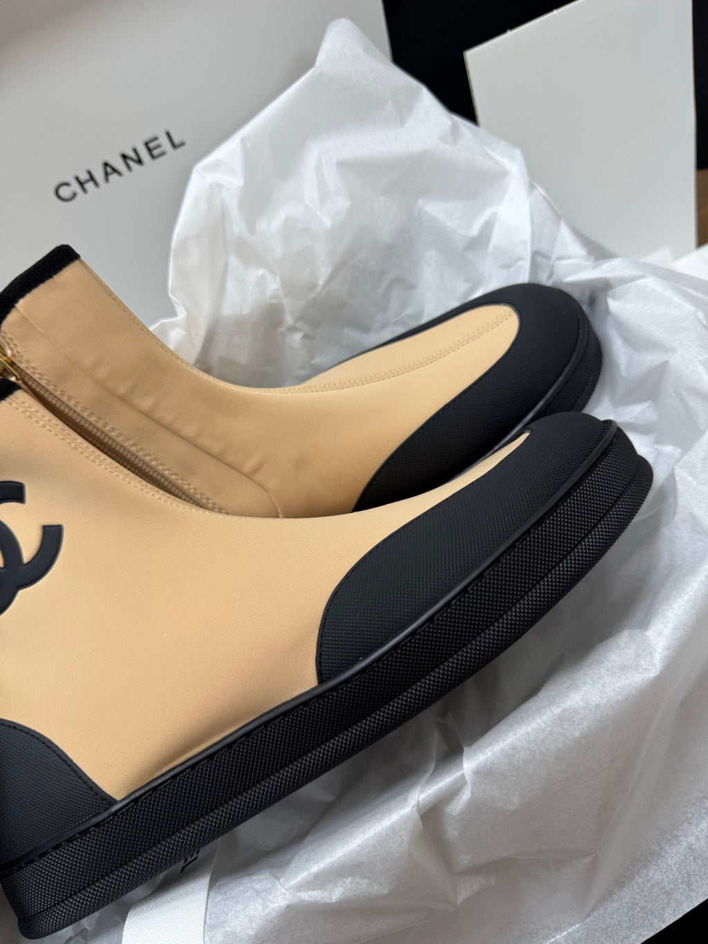 CHANEL Short Boots Mixed Fibers Rubber Beige Black #387573