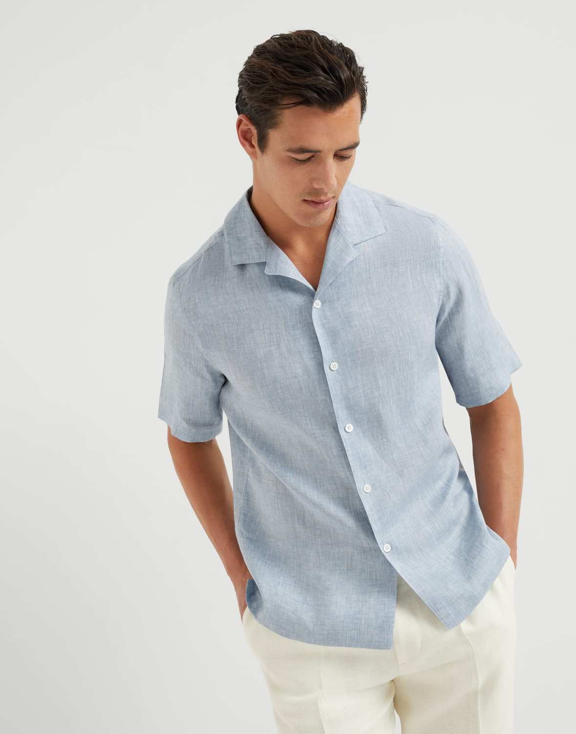 Brunello Cucinelli Men's Linen Loose Summer Single-Breasted Solid Color Lapel Short Sleeve Shirt Ngvp #1454
