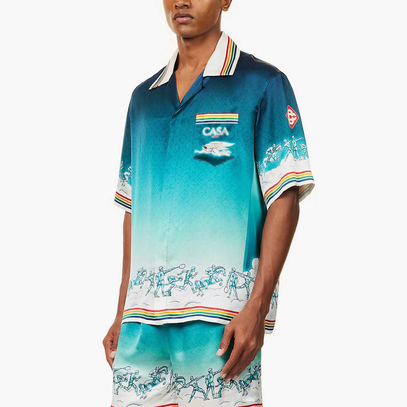 Casablanca Men's Summer Gradient Pattern Printed Lapel Loose Single Breasted Short Sleeve Shirt Tie Stretch Waistband Shorts Set Suit #73425