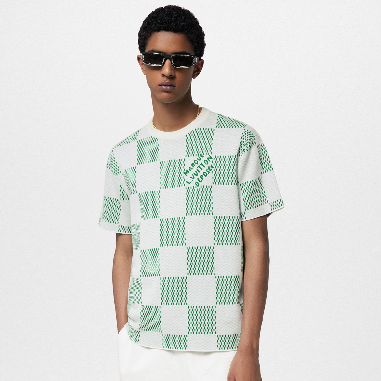 Louis Vuitton Men's Summer White Green Plaid Pattern Round Neck Cotton Short Sleeve T-Shirt #98739