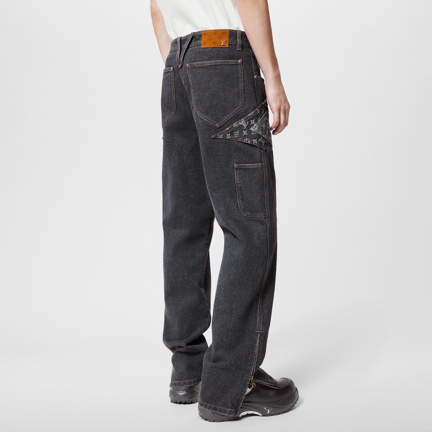 Louis Vuitton Monogram Flower Denim Pants Men's Black Logo Letter Print Irregular Fit Jeans #98869