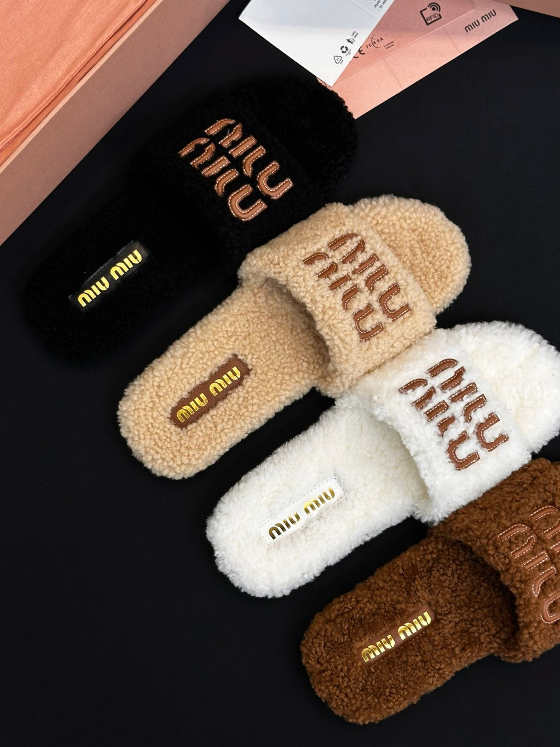 MiuMiu Women's Fall/winter Fashion Casual Round Toe Open Toe Flat Soled Shearling Slippers Shoes#78477