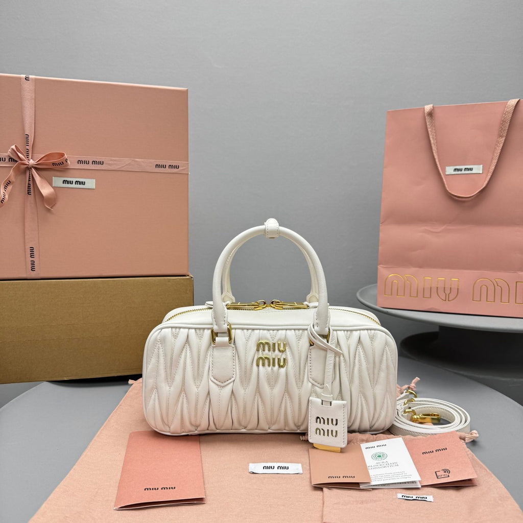 MiuMiu Arcadie matelassé Women's Solid Color Metal Engraved Logo Zipper Closure Leather Shoulder Bag Crossbody Tote Bags #77354