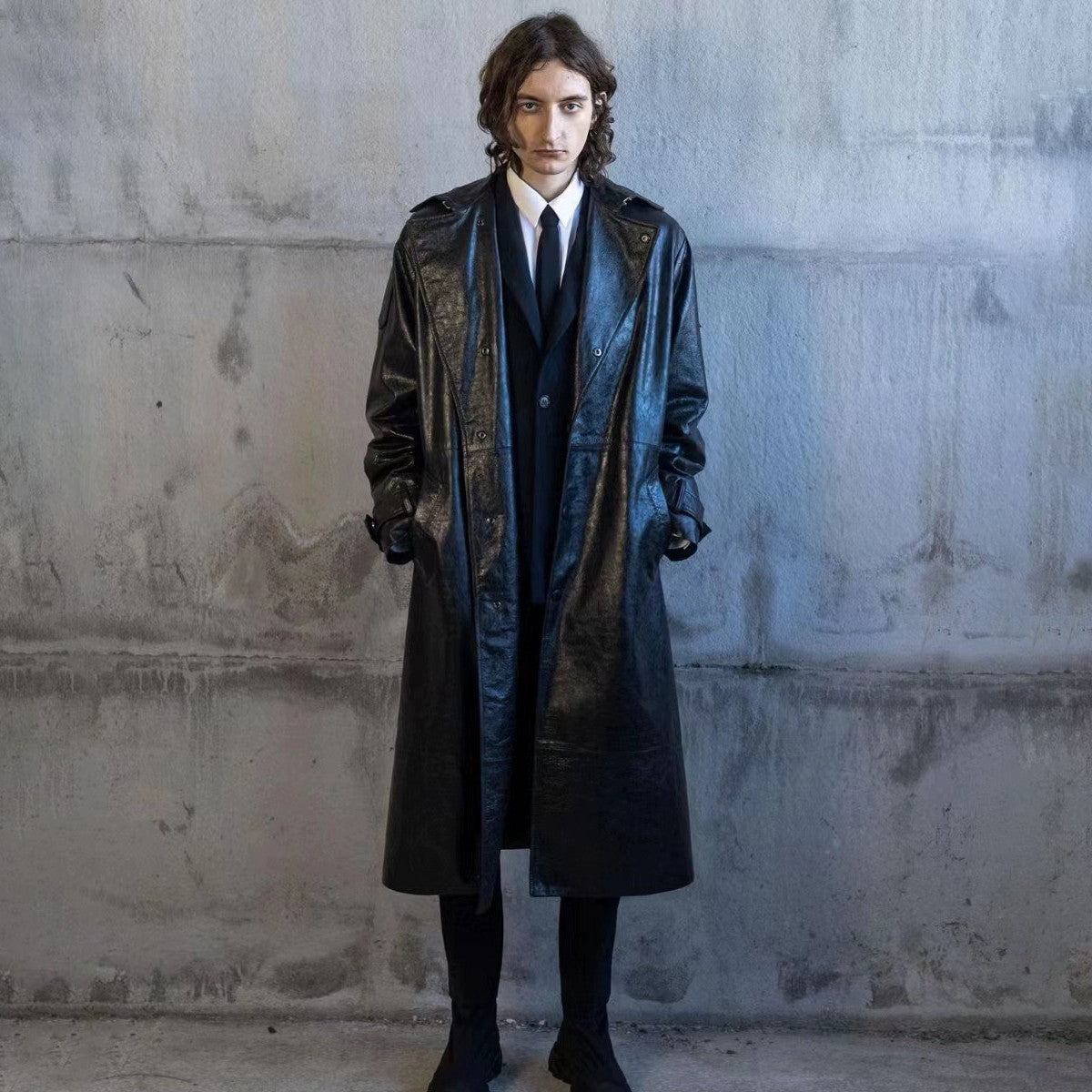 424 Men's Autumn and Winter Leather Belted Single Breasted Pants Long Sleeve Coat Jacket #99317