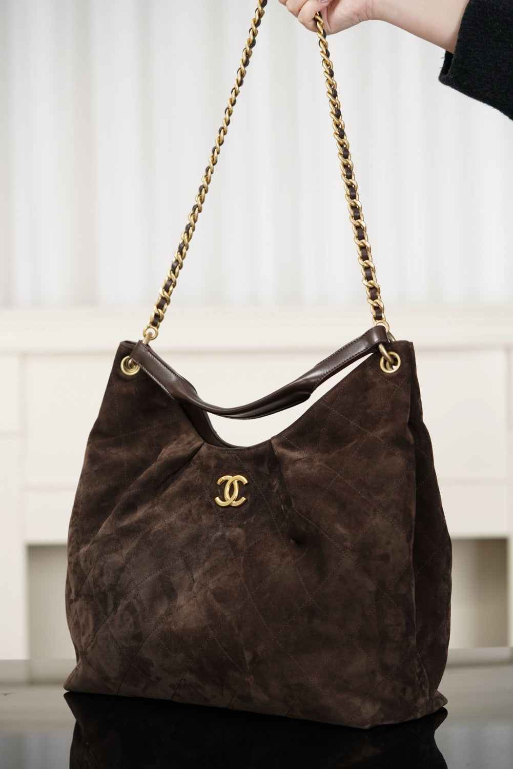 Chanel Maxi Hobo Bag Suede Calfskin Lambskin Gold-tone Metal Dark Brown #336664