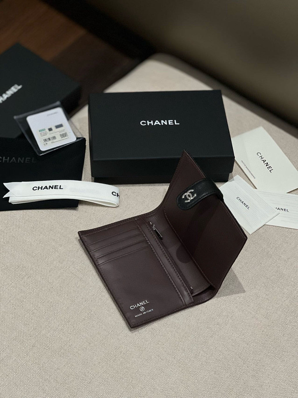 CHANEL Caviar Quilted Passport Holder Black Women's Black Checkered Square Wallet with Gold and Silver Buckles #82319A