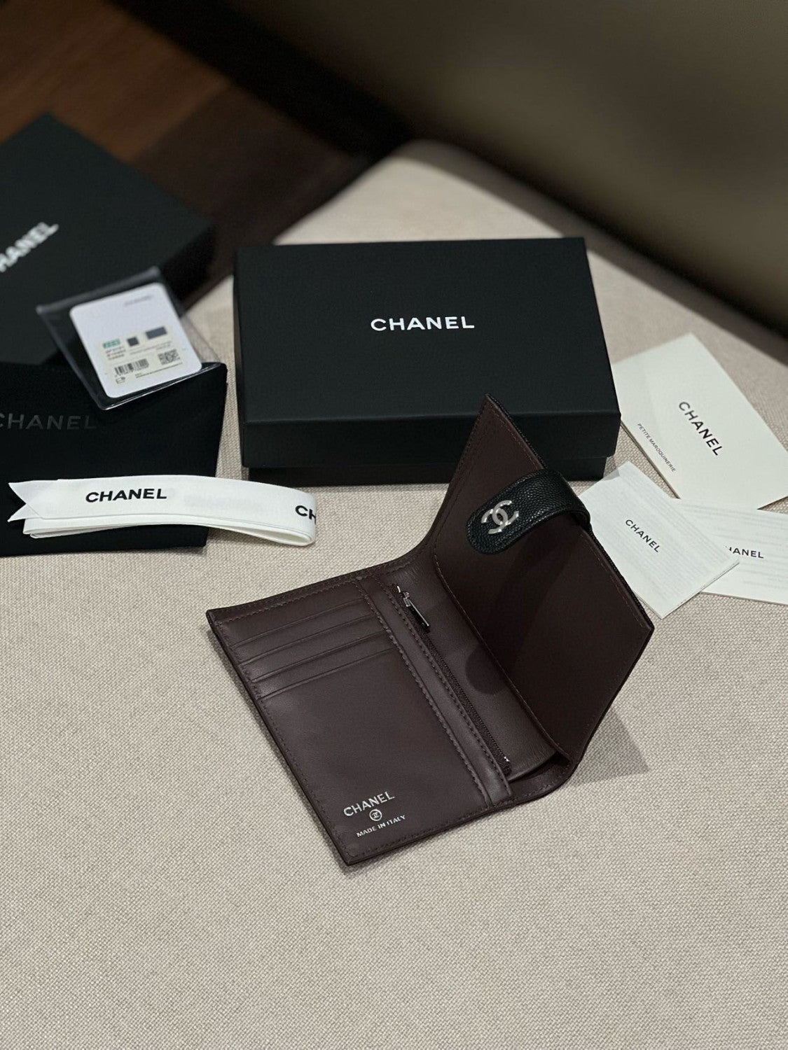 CHANEL Caviar Quilted Passport Holder Black Women's Black Checkered Square Wallet with Gold and Silver Buckles #82319A