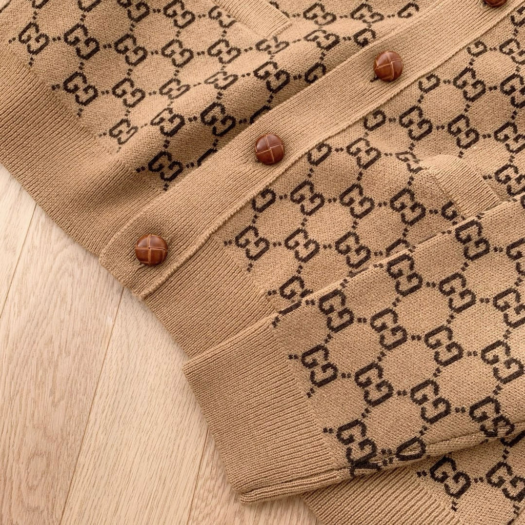 Gucci Men's Spring And Fall Khaki Monogrammed Single Breasted Wool Knit Long Sleeved Cardigan Jacket #73726