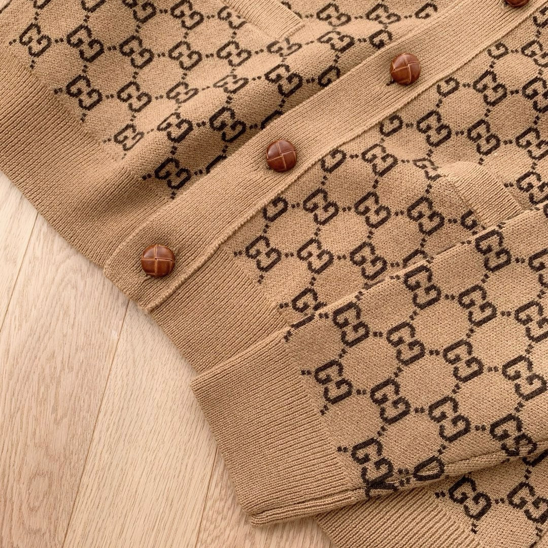 Gucci Men's Spring And Fall Khaki Monogrammed Single Breasted Wool Knit Long Sleeved Cardigan Jacket #73726