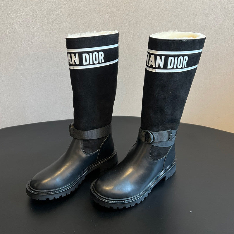 Dior Women's Spring/Fall/Winter Leather And Suede Blend Vintage Chunky-Heeled High-Top Boots Casual Long Riding Boots Shoes #81721