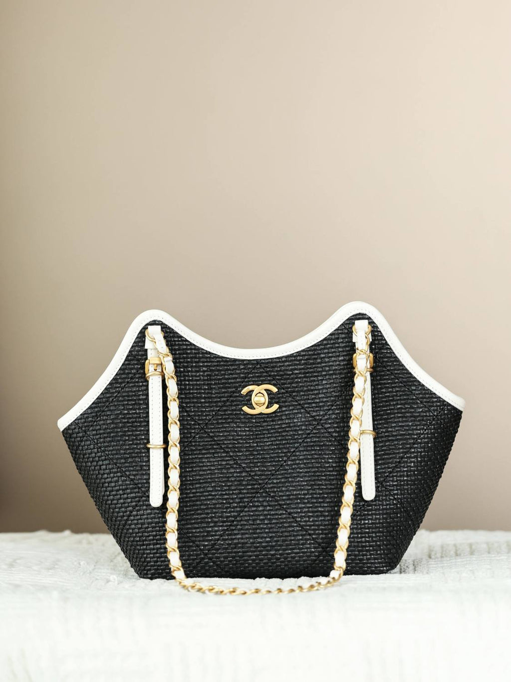 CHANEL Maxi Shopping Bag Braided Raffia Calfskin Gold-tone Metal Dark Beige Black #376633