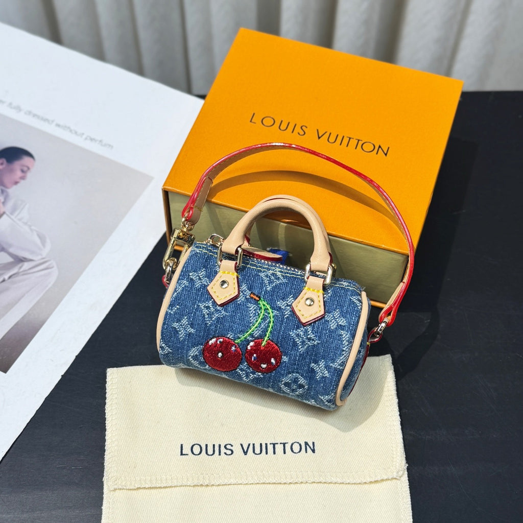Louis Vuitton LV x TM Micro Speedy Denim Cerise Women's Blue Denim Fabric Cherry Pattern Mini Bag Bags #77583