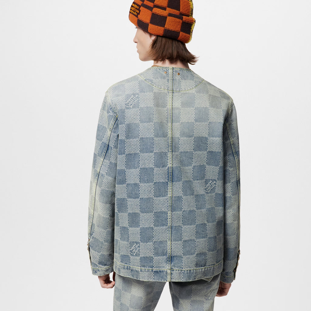 Louis Vuitton Men's Spring And Fall Fashion Plaid Denim Suit Gradient Wash Vintage Round Neck Jacket Casual Flared Pants Ngvp #8155