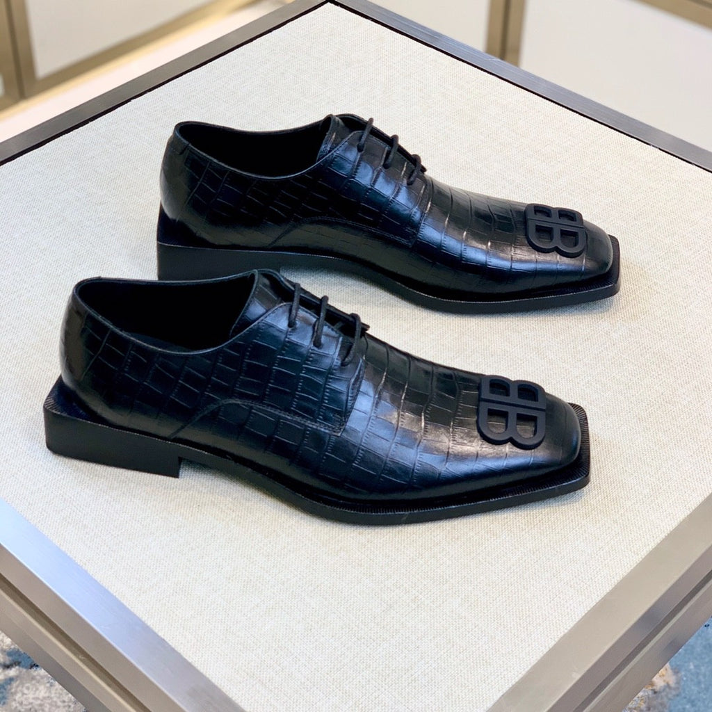 Balenciaga Men's Solid Colour Square Toe Metal BB Logo Cowhide Leather Shoes #77218