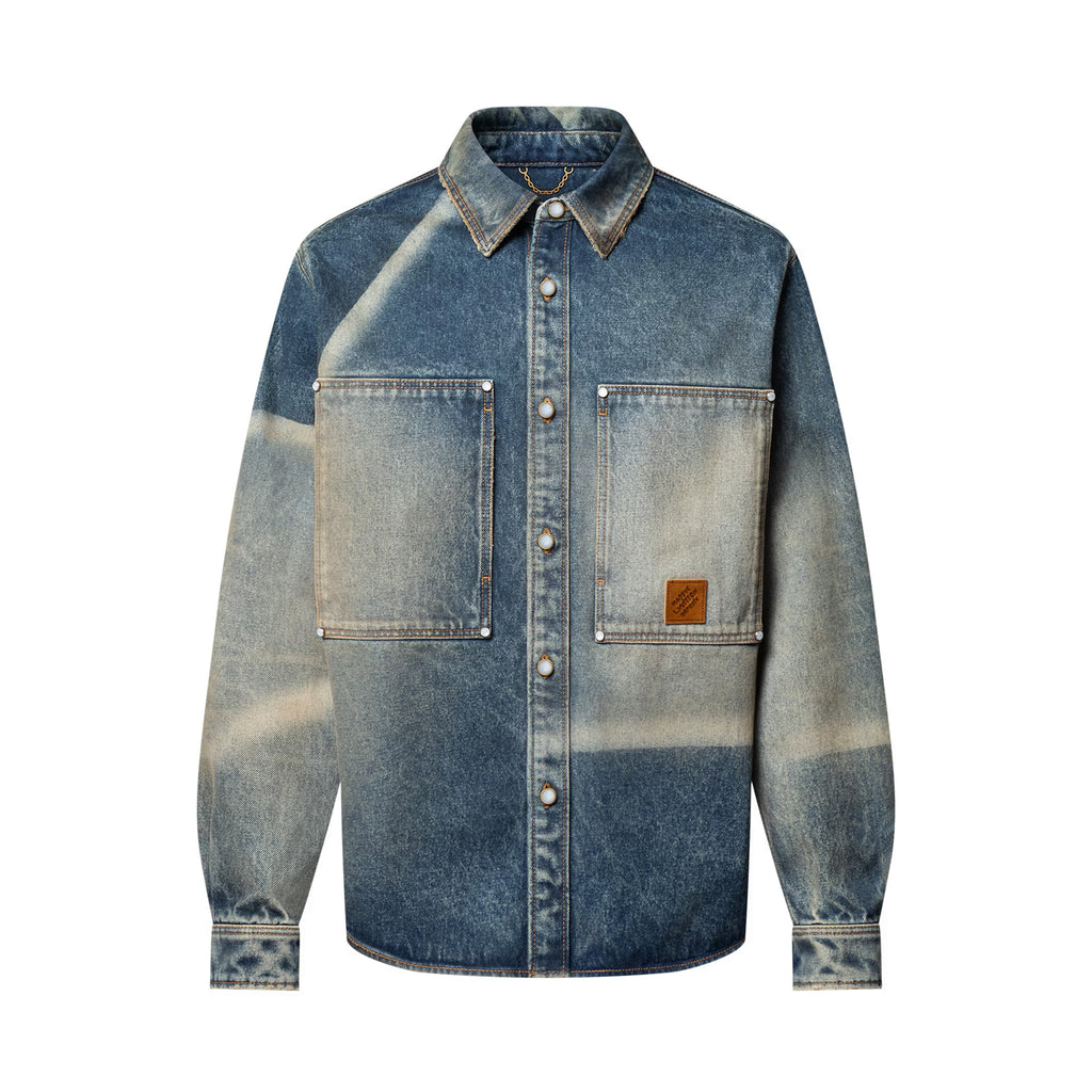 Louis Vuitton Men's Spring And Fall Blue Logo Badge Lapel Single Breasted Gradient Long Sleeved Shirt Jacket #75392