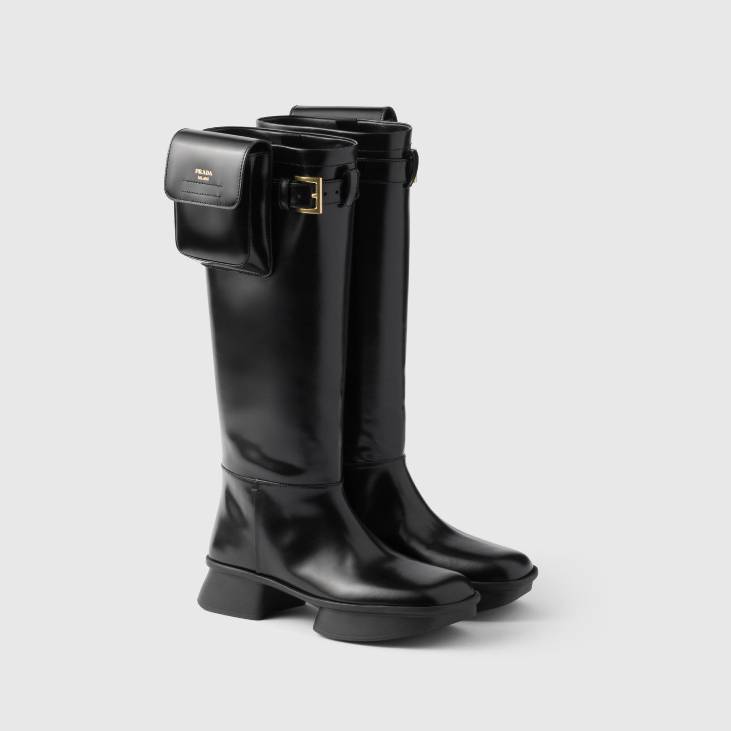 Prada Women's Autumn/winter Fashion Classic Solid Color Round Toe Buckle Shiny Leather High Top Thick Sole Boots Shoes #78385