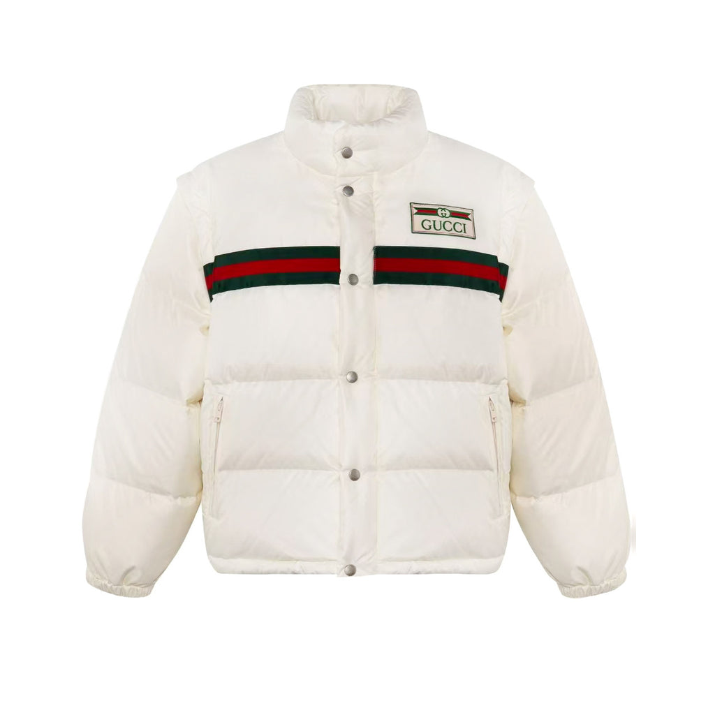 Gucci Men's And Women's Winter Fashion Casual High Neck Single Button Red Green Striped Webbing Contrast Collar Detachable Sleeves Down Jacket #79374