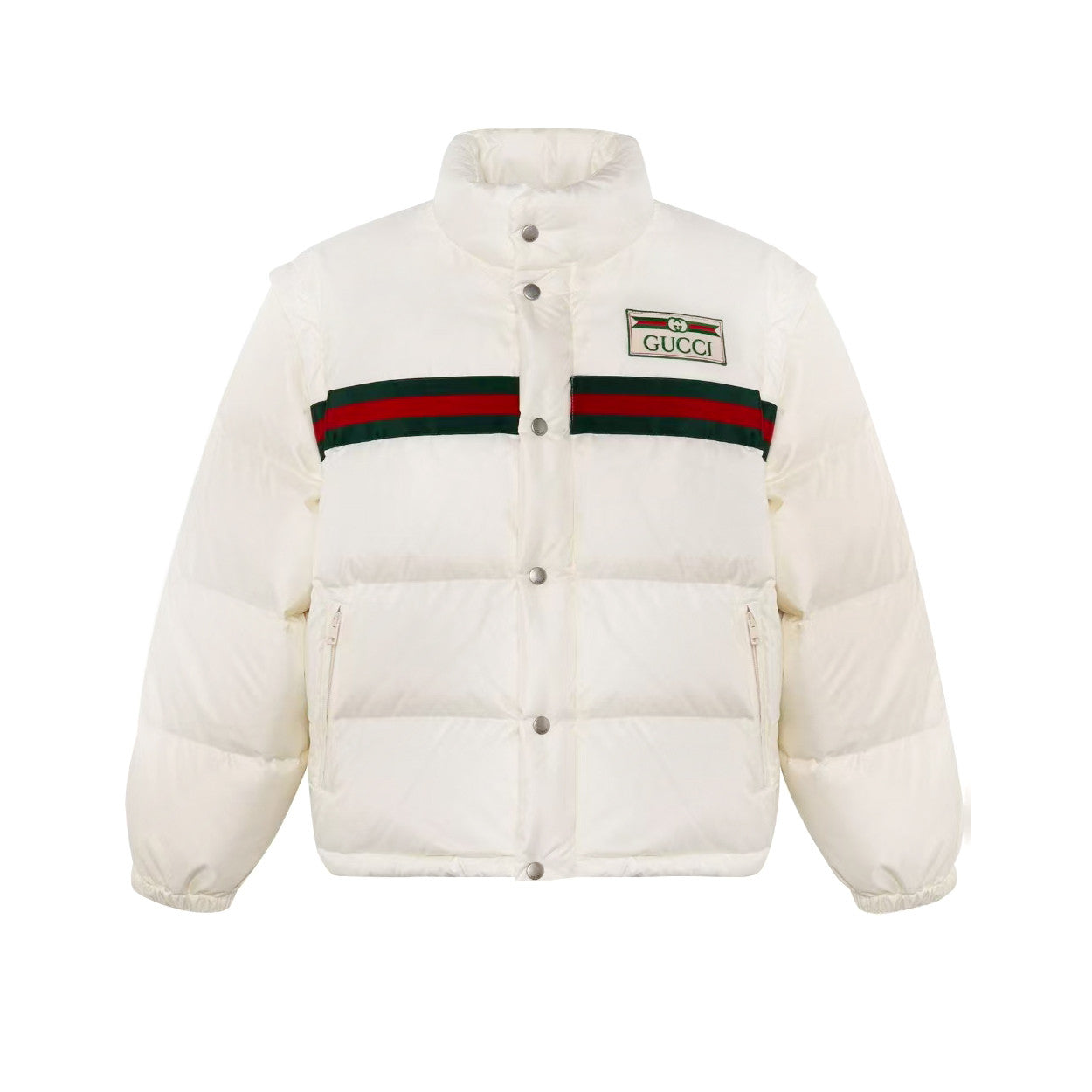 Gucci Men's And Women's Winter Fashion Casual High Neck Single Button Red Green Striped Webbing Contrast Collar Detachable Sleeves Down Jacket #79374