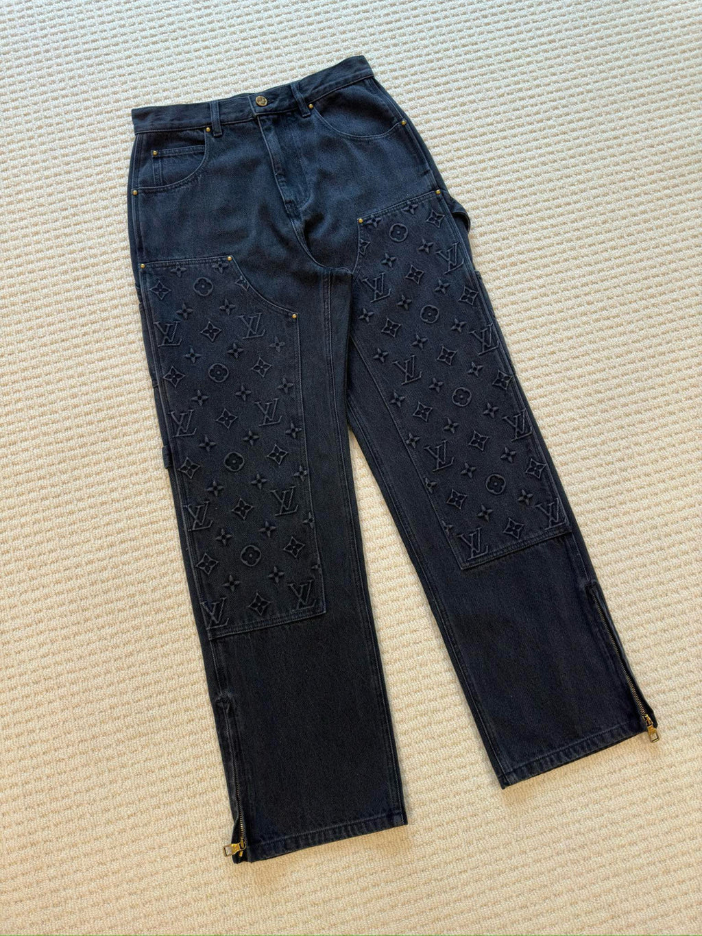 Louis Vuitton Men's Spring/autumn Fashion Casual Classic Logo Embossed Loose Straight Leg Workwear Denim Pants #78388