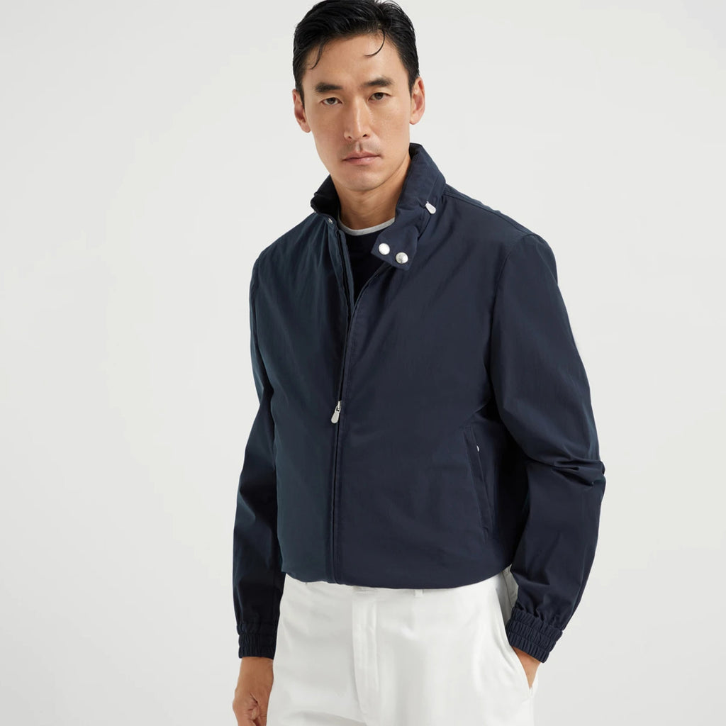 Brunello Cucinelli Men's Spring/Autumn Water-Resistant Bonded Cotton Unlined Outerwear Jacket Solid Color Zipper High Neck Tie With Packable Hood Ngvp #2287