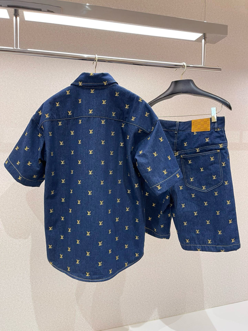 Louis Vuitton Men's Summer Logo Embroidery Blue Single Breasted Lapel Denim Short Sleeve Shirt Shorts Set Suit #98741
