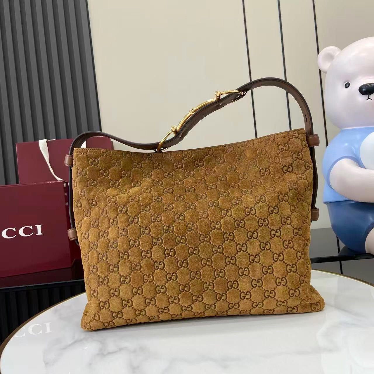 Gucci Beatrix Large Tote Bag Brown Gg Suede Material Gold Horseneck Buckle Shoulder Backpack Exquisite And Elegant Women's Bags #193451