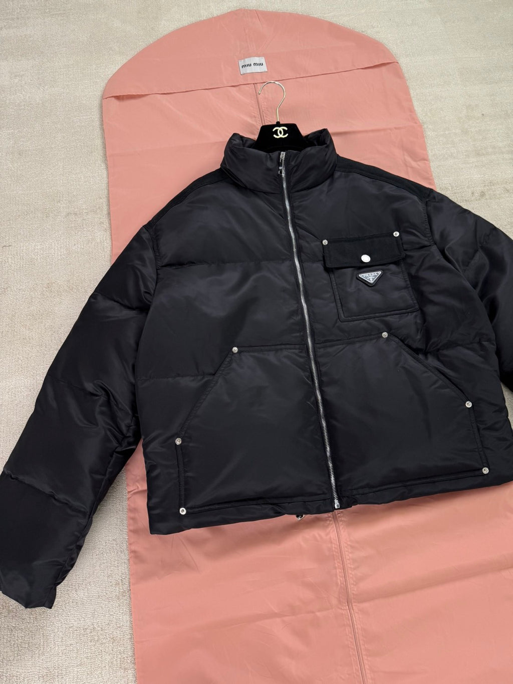 Prada Men's Autumn and Winter Solid Color Standing Collar Fit Zipper Long Sleeve Nylon Puffer Down Jacket #73889